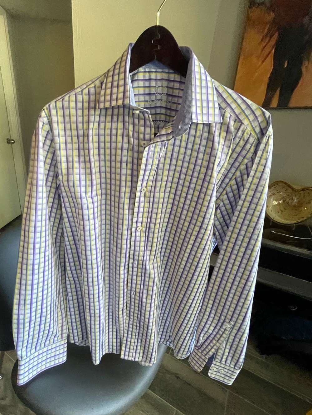 Bugatchi White Dress Shirt with Blue & Purple Check